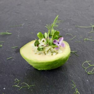 Fyldt avocado med Ærteskud og Solsikkespirer