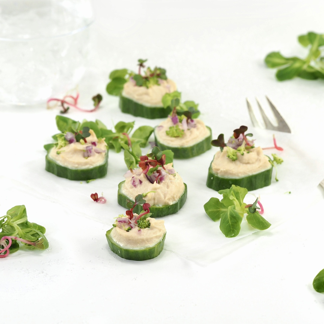 Vegansk appetizer med agurk og radisespirer